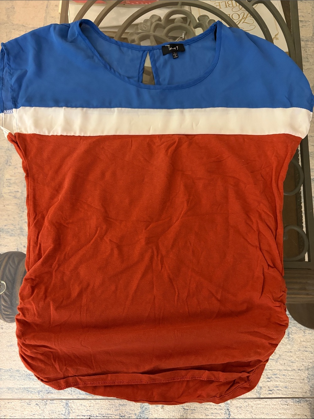 love J Blue, White & Rust Colorblock Short Sleeve Blouse